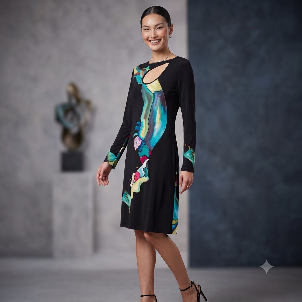 Eva Varro Black Multi Abstract Art Print Long Sleeve Keyhole Cutout Dress XL USA